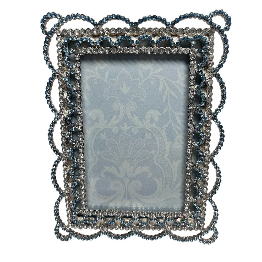 Sixtrees Blue Clear Rhinestone Scalloped Photo Frame Silver Tone Vintage Style